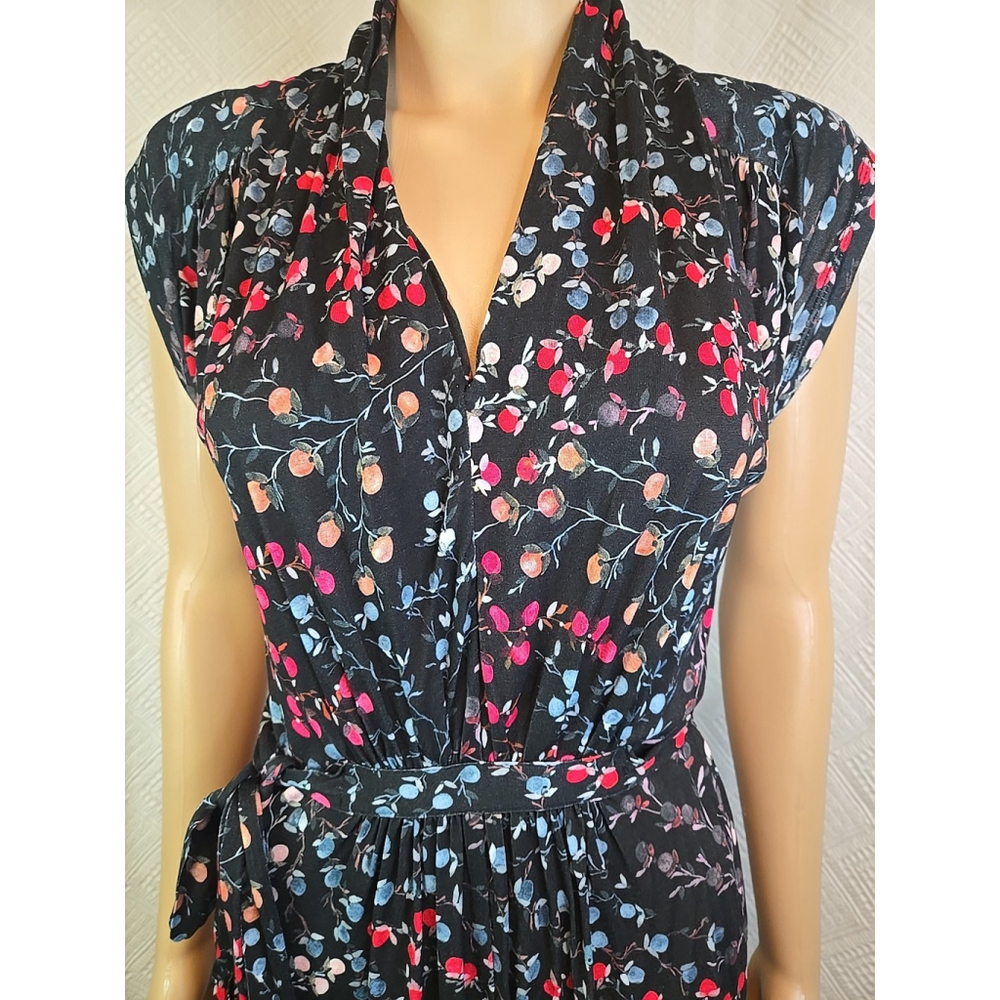 French Connection Size 2 Floral Viscose Tie Waist Dress Black Cap Sleeve Mini - Picture 5 of 9
